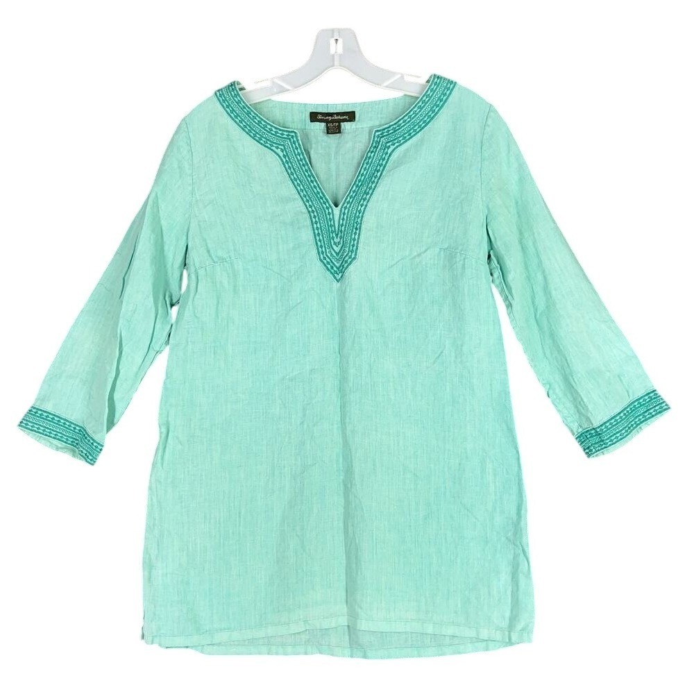 Tommy Bahama Linen Shirt Women XS Green V Neck Slit Tunic Cover Up Resort Travel